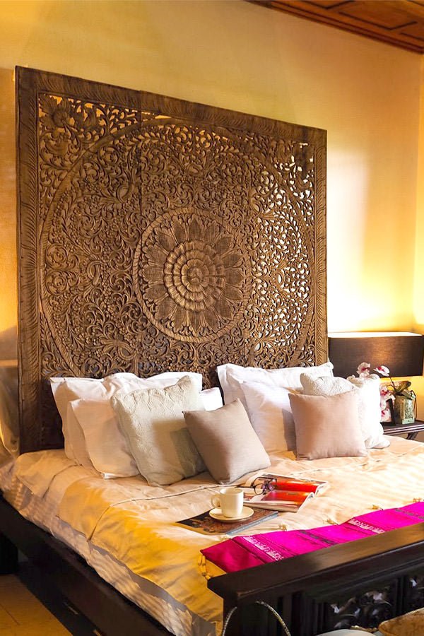 Emily Hand Carved Mango Wood Wall Headboard – Ornate Floral Mandala Panel, Teak Finish - DOBRI ARTS AU