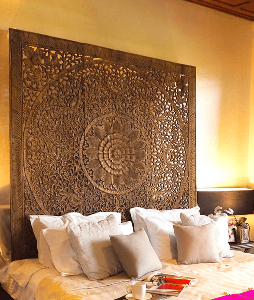 Emily Hand Carved Mango Wood Wall Headboard – Ornate Floral Mandala Panel, Teak Finish - DOBRI ARTS AU