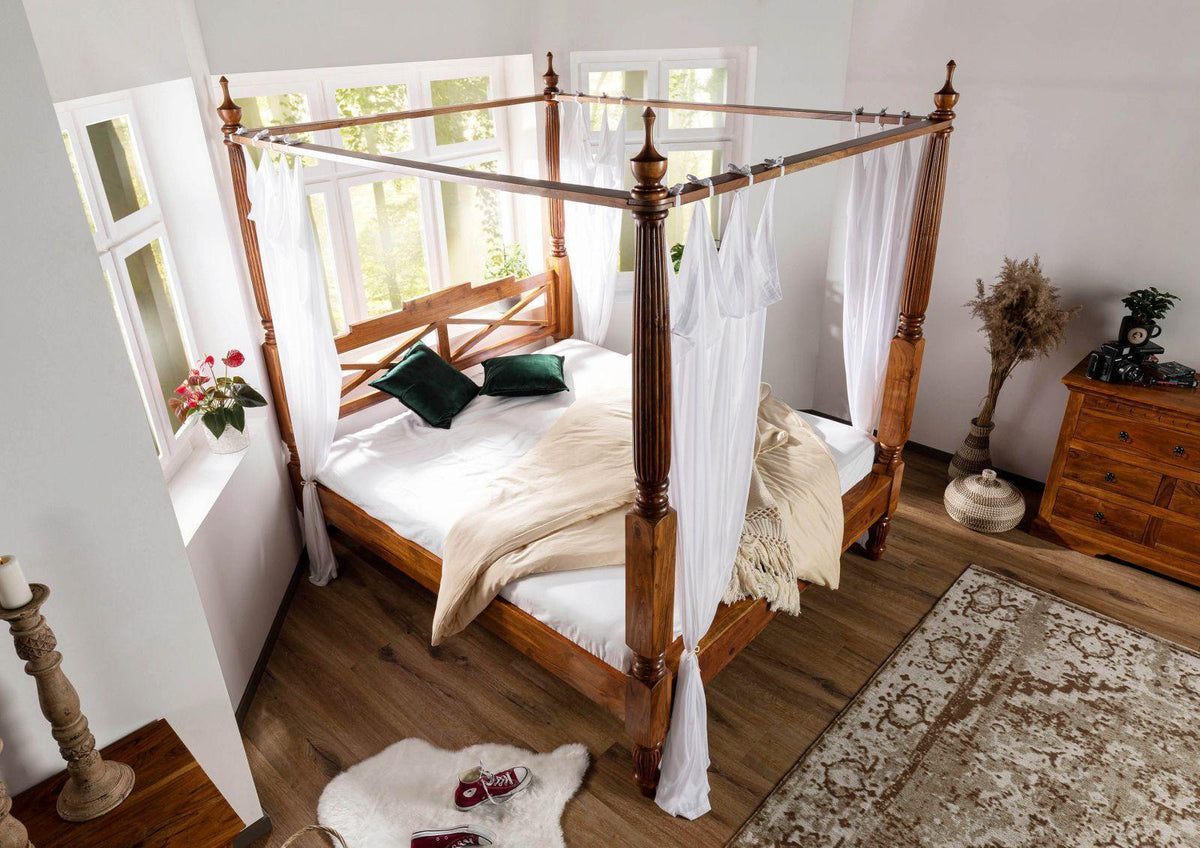 Eros Handcrafted Sheesham Wood Four Poster Canopy Bed – Honey Finish | Queen, King & California King - DOBRI ARTS AU
