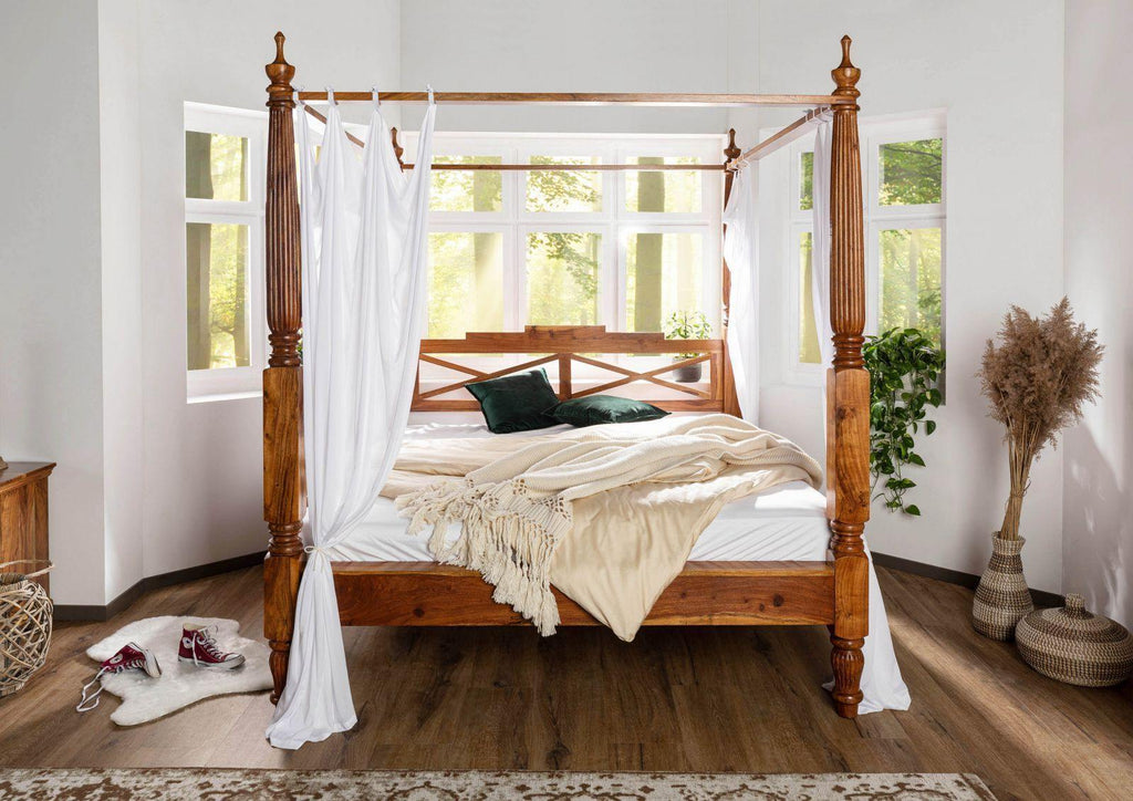Eros Handcrafted Sheesham Wood Four Poster Canopy Bed – Honey Finish | Queen, King & California King - DOBRI ARTS AU