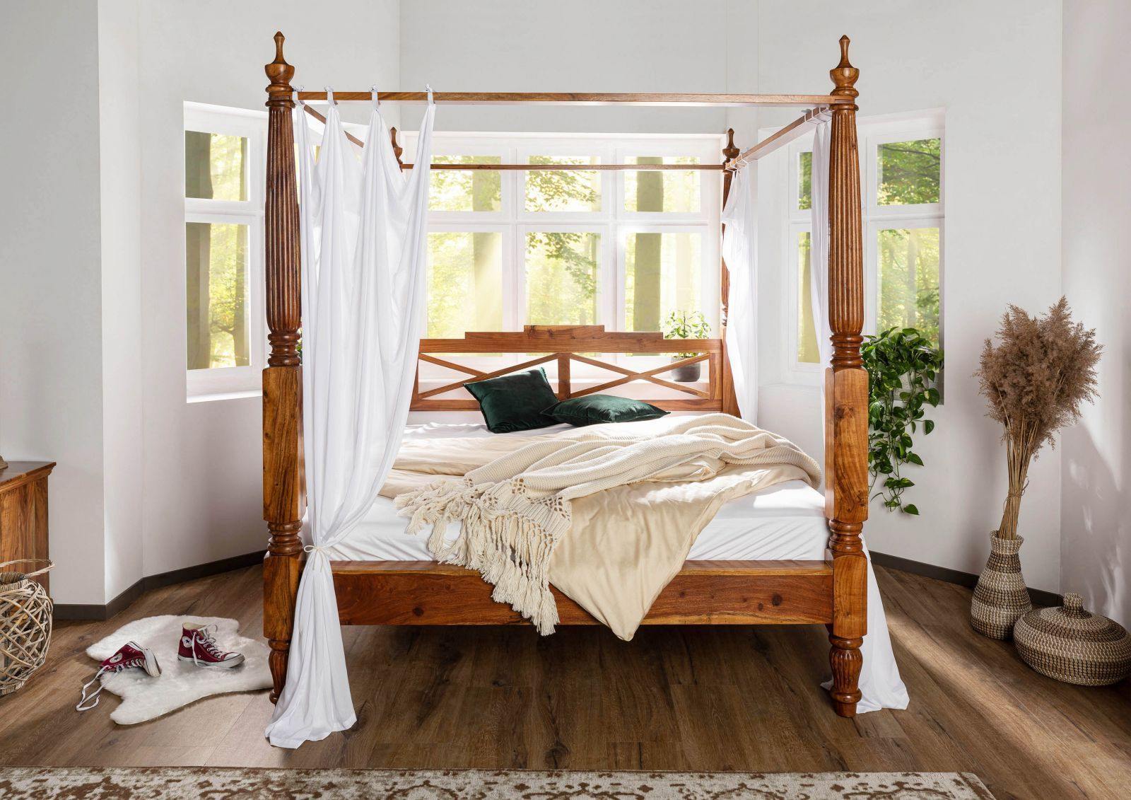 Eros Handcrafted Sheesham Wood Four Poster Canopy Bed – Honey Finish | Queen, King & California King - DOBRI ARTS AU