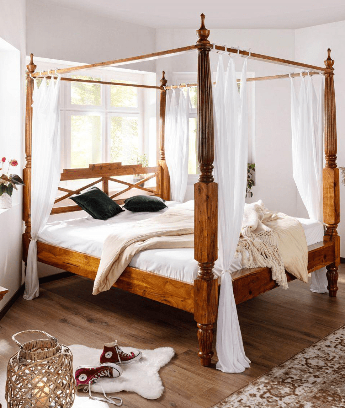 Eros Handcrafted Sheesham Wood Four Poster Canopy Bed – Honey Finish | Queen, King & California King - DOBRI ARTS AU