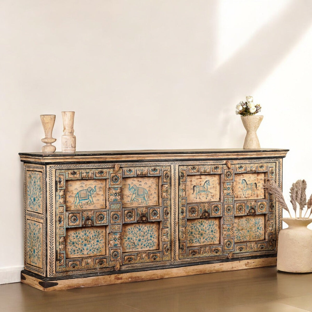Extra-Large Hand-Painted Horse Motif Wooden Sideboard with Multidoor Storage - DOBRI ARTS AU