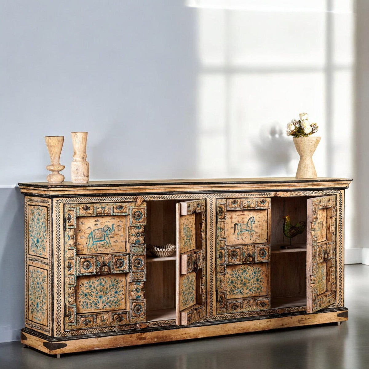 Extra-Large Hand-Painted Horse Motif Wooden Sideboard with Multidoor Storage - DOBRI ARTS AU