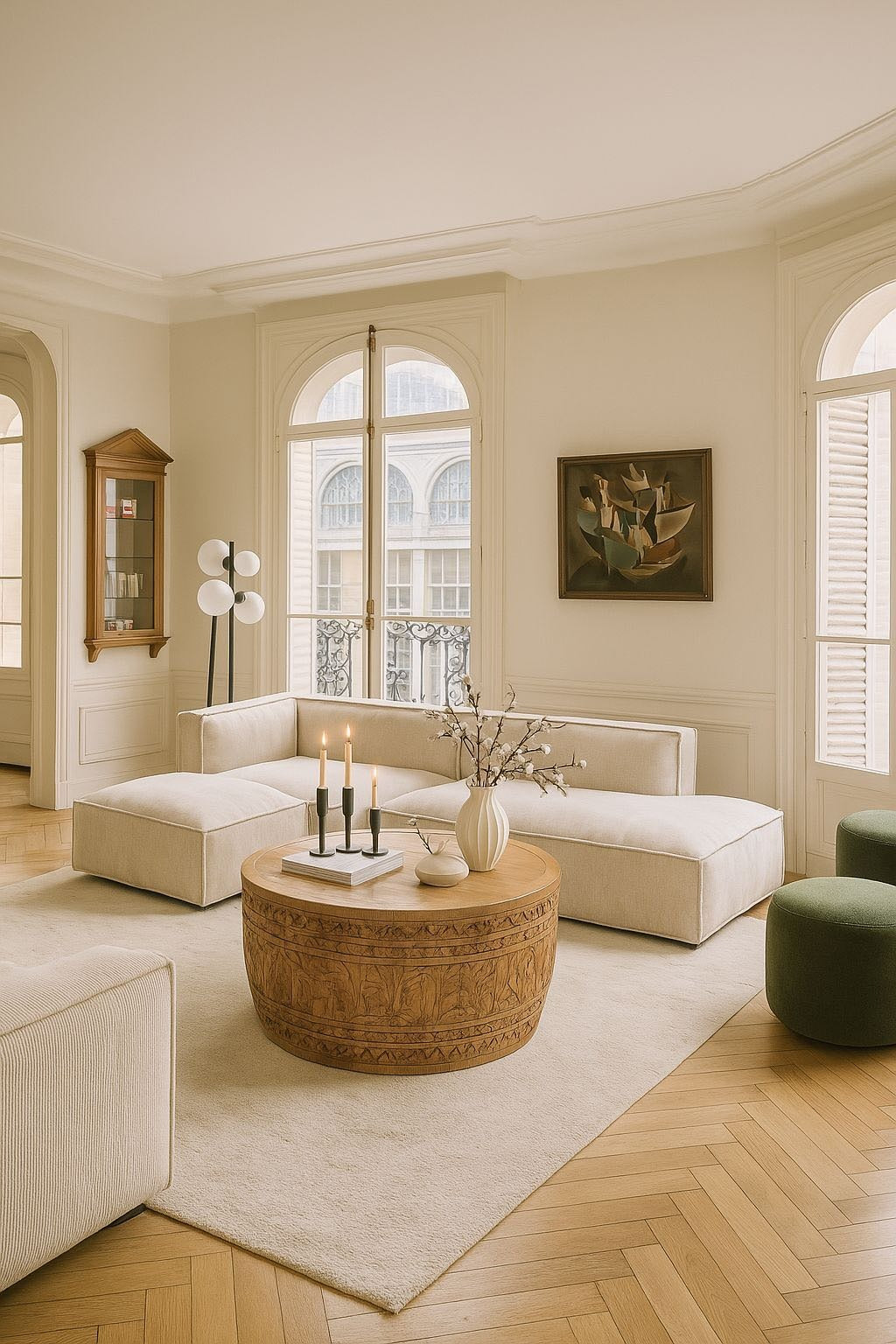Modern living room with a white sofa, wooden coffee table, and decorative elements.