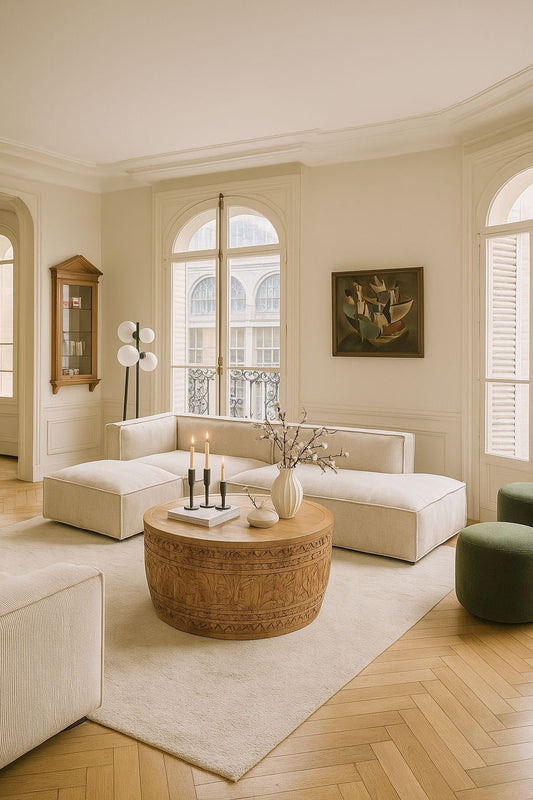 Modern living room with a white sofa, wooden coffee table, and decorative elements.