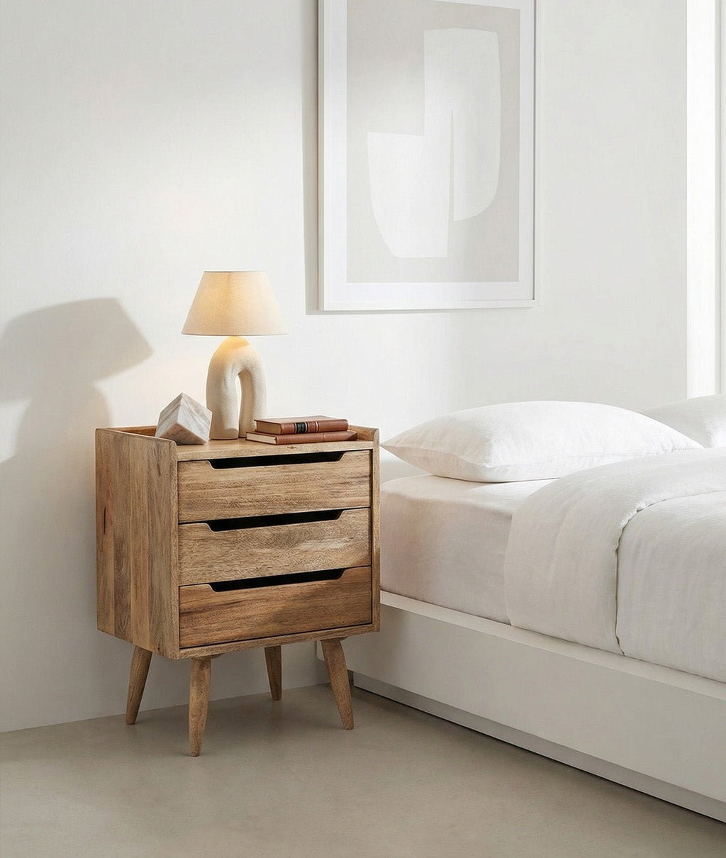 Finola Natural Mango Wood Bedside Table – 3 Drawer Nightstand, Solid Wood Bedroom Storage Cabinet & Mid-Century Accent Table - DOBRI ARTS AU