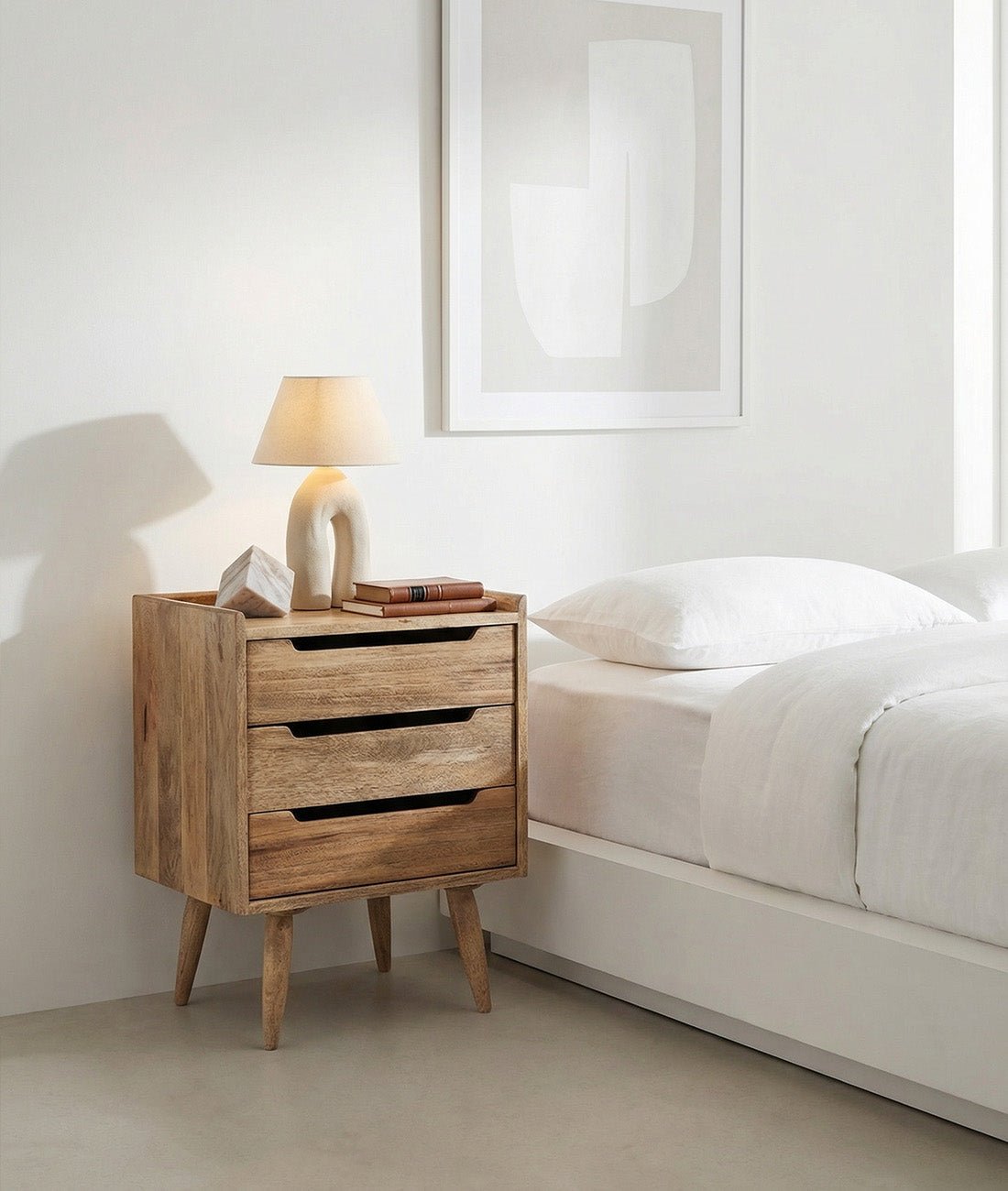 Finola Natural Mango Wood Bedside Table – 3 Drawer Nightstand, Solid Wood Bedroom Storage Cabinet & Mid-Century Accent Table - DOBRI ARTS AU