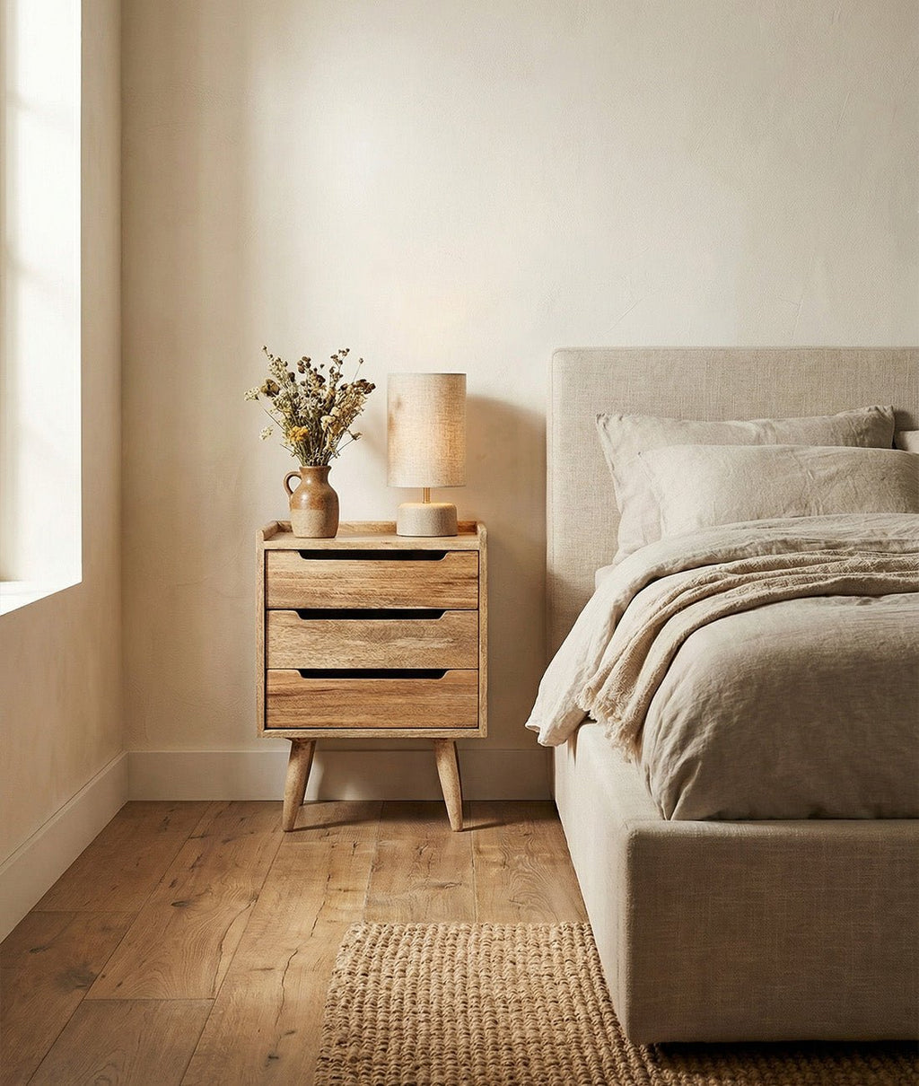 Finola Natural Mango Wood Bedside Table – 3 Drawer Nightstand, Solid Wood Bedroom Storage Cabinet & Mid-Century Accent Table - DOBRI ARTS AU