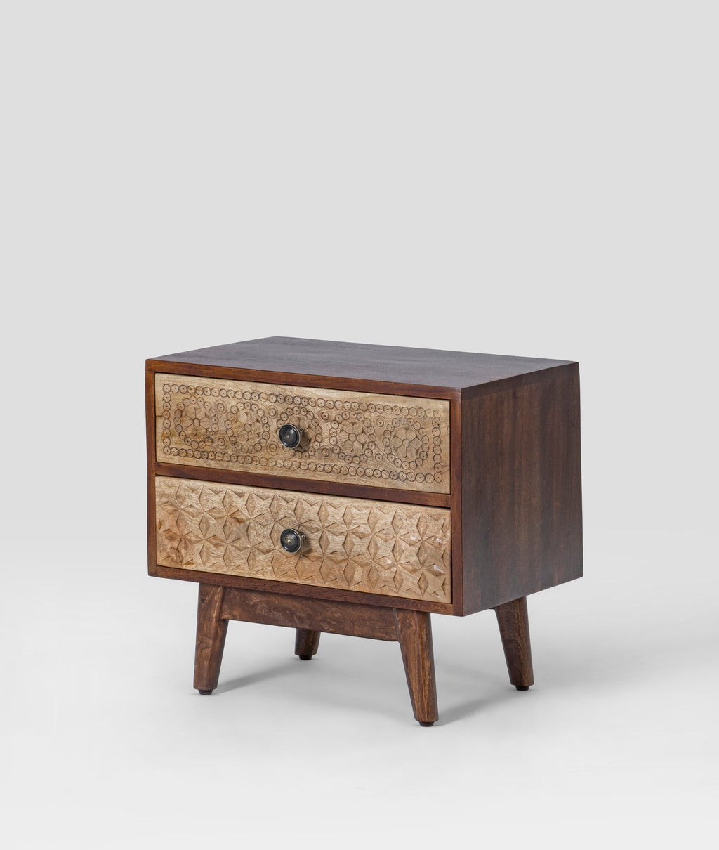 Flora Hand-Carved Mango Wood Bedside Table – 2 Drawer Nightstand, Boho Rustic Accent Cabinet & Solid Wood Bedroom Furniture - DOBRI ARTS AU