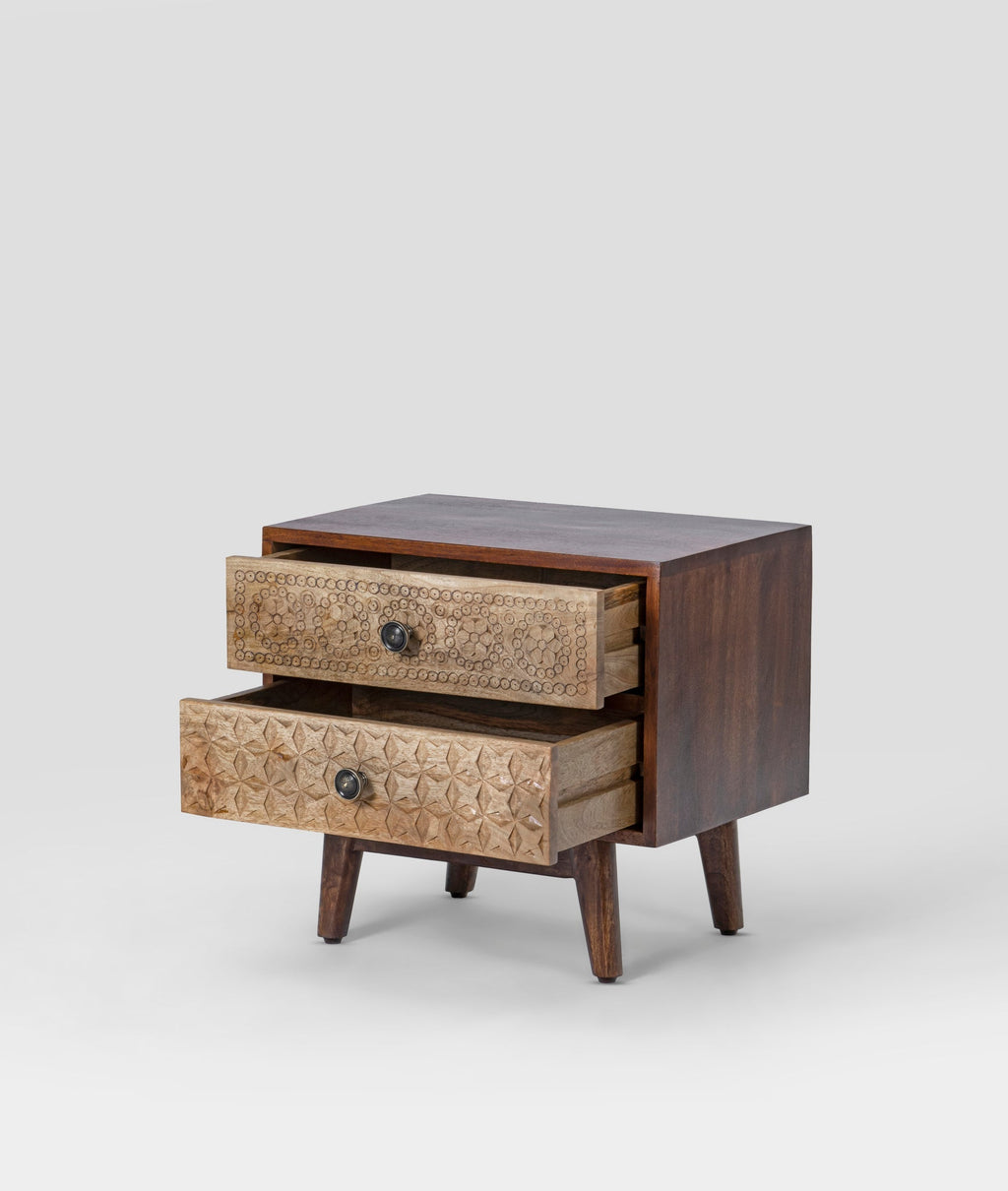 Flora Hand-Carved Mango Wood Bedside Table – 2 Drawer Nightstand, Boho Rustic Accent Cabinet & Solid Wood Bedroom Furniture - DOBRI ARTS AU