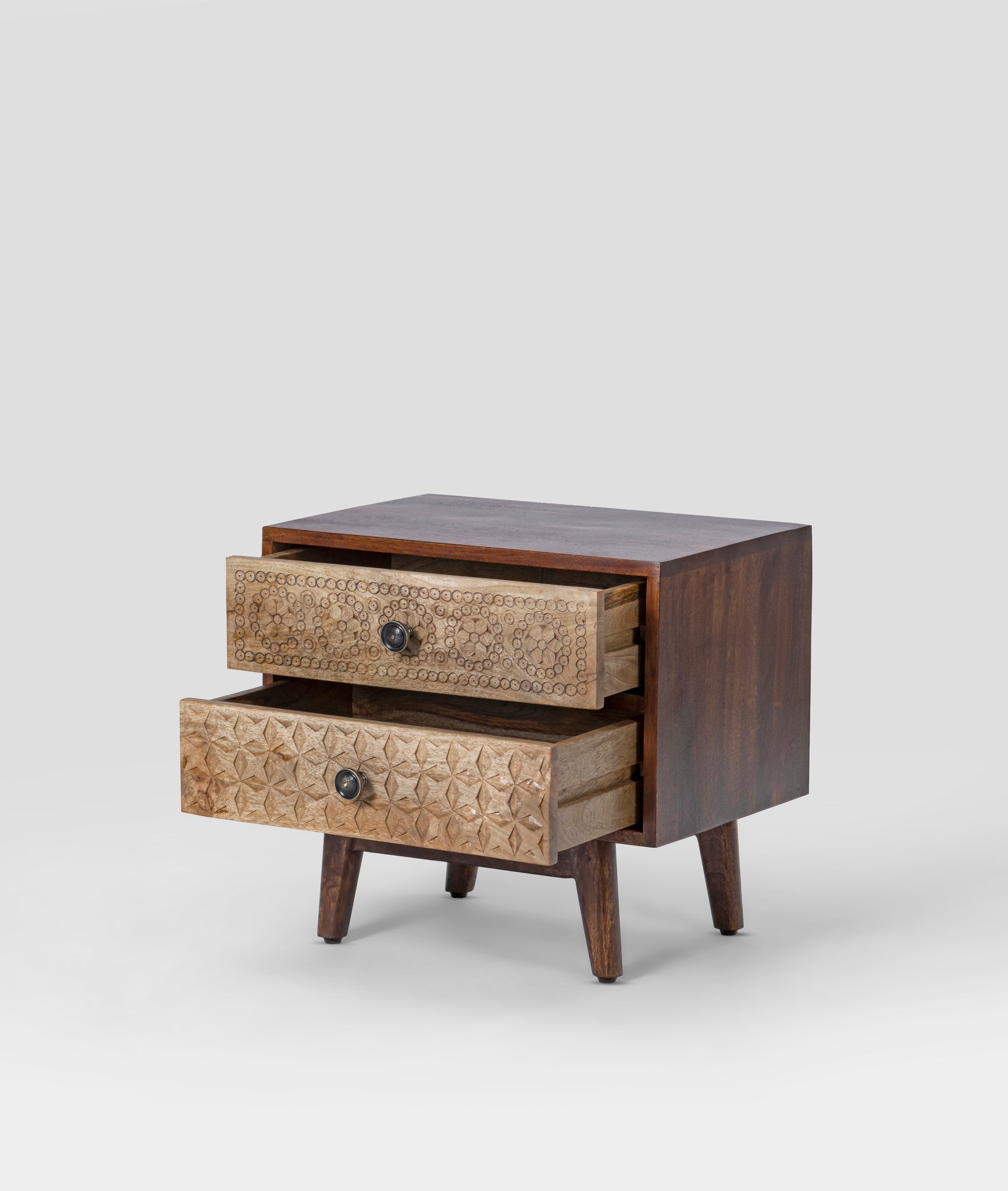 Flora Hand-Carved Mango Wood Bedside Table – 2 Drawer Nightstand, Boho Rustic Accent Cabinet & Solid Wood Bedroom Furniture - DOBRI ARTS AU