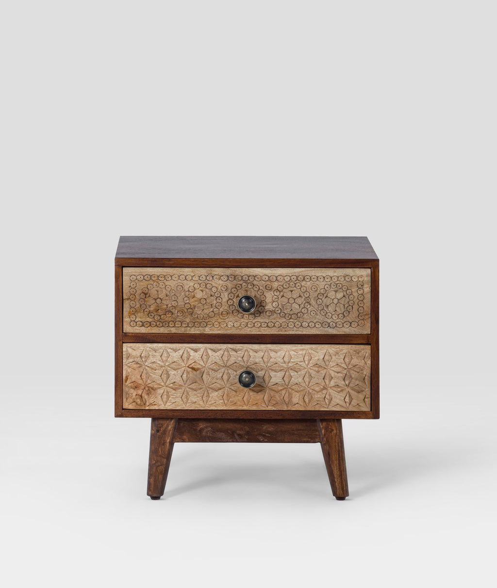 Flora Hand-Carved Mango Wood Bedside Table – 2 Drawer Nightstand, Boho Rustic Accent Cabinet & Solid Wood Bedroom Furniture - DOBRI ARTS AU