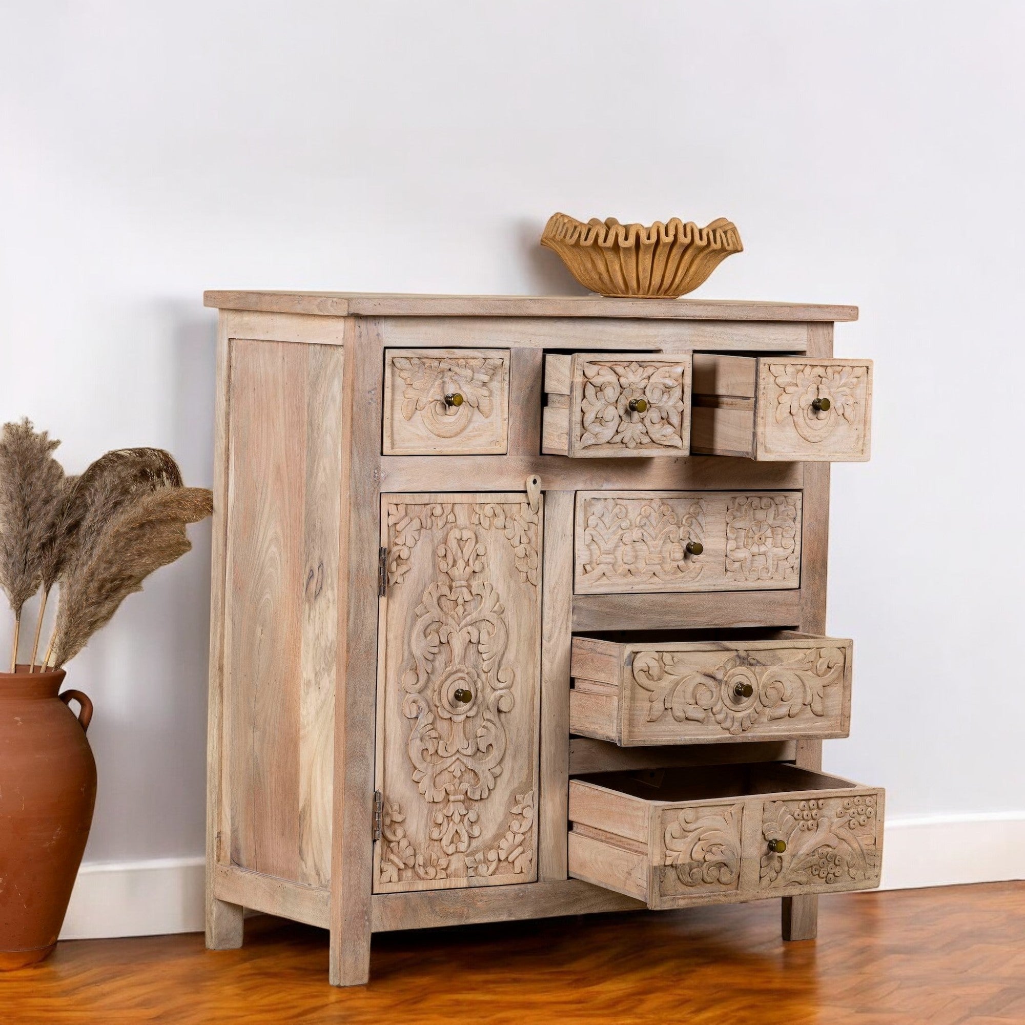 Floral Drawer Chest with Distressed Natural Finish - DOBRI ARTS AU