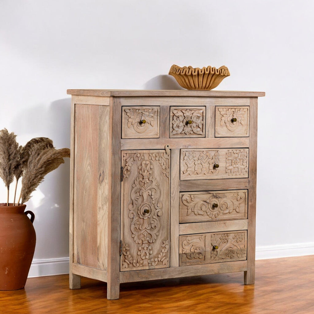 Floral Drawer Chest with Distressed Natural Finish - DOBRI ARTS AU