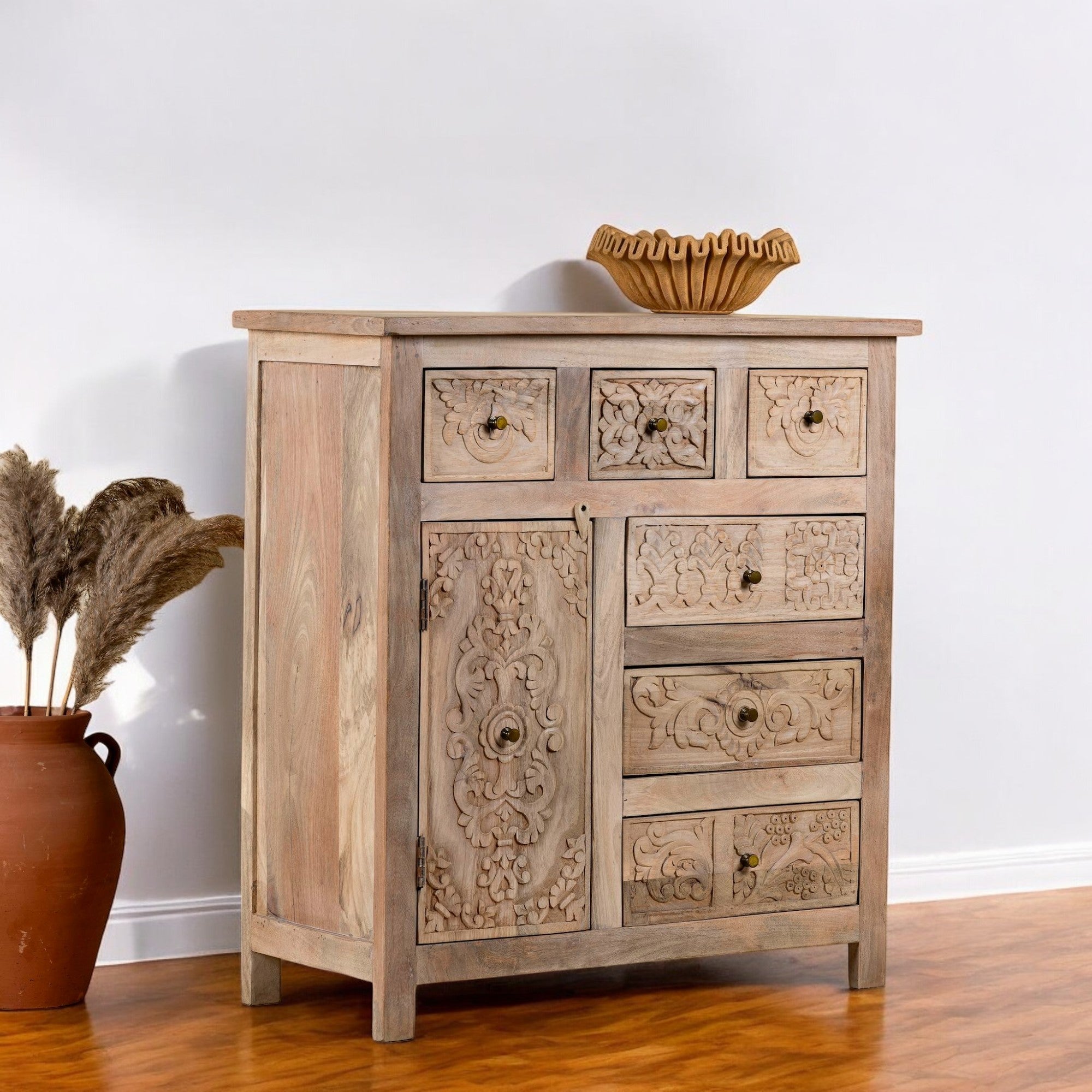 Floral Drawer Chest with Distressed Natural Finish - DOBRI ARTS AU