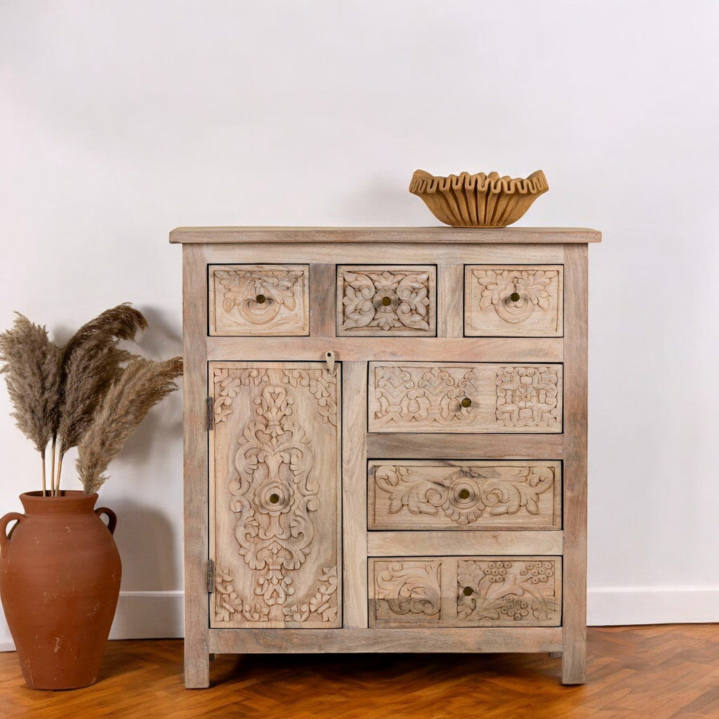 Floral Drawer Chest with Distressed Natural Finish - DOBRI ARTS AU