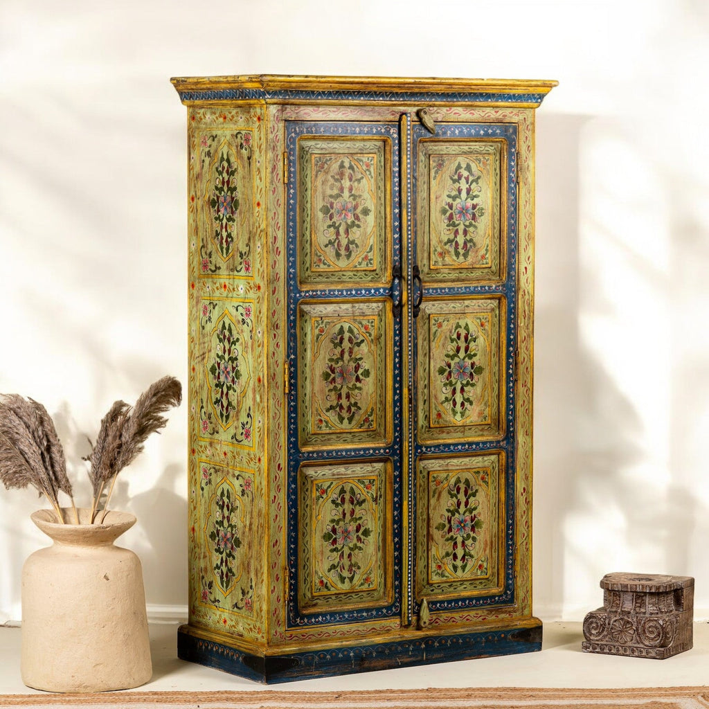 Floral Motif Wooden Almirah with Traditional Indian Artwork - DOBRI ARTS AU