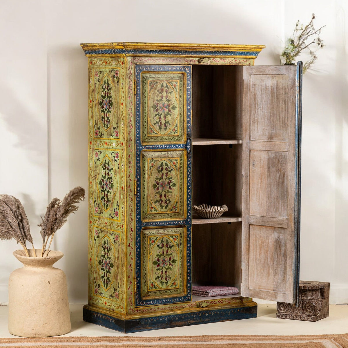 Floral Motif Wooden Almirah with Traditional Indian Artwork - DOBRI ARTS AU