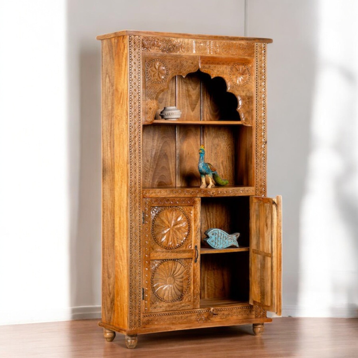 Floral Panel Display Cabinet with Arched Open Shelf - DOBRI ARTS AU