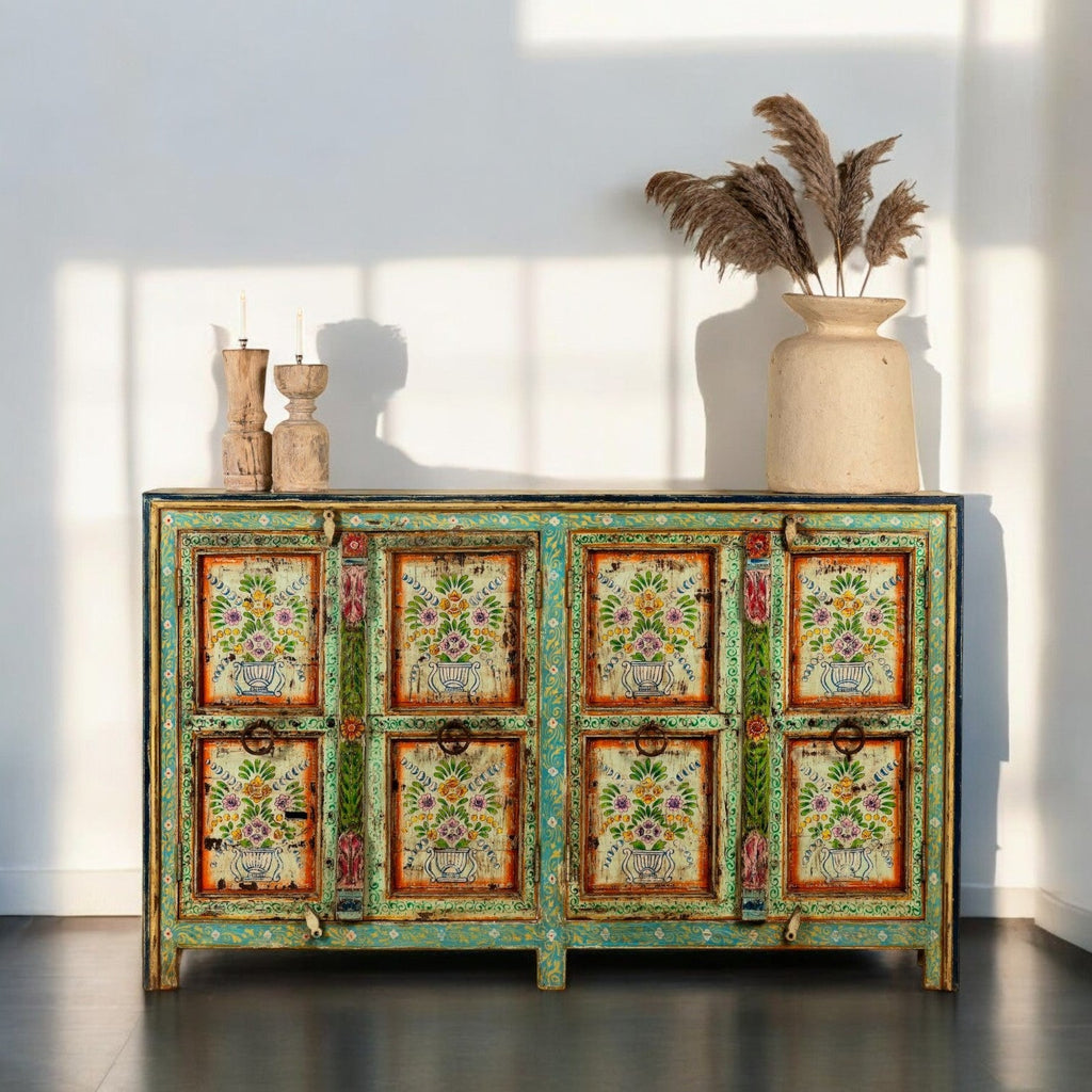 Floral Solid Wood Sideboard with Turquoise Distressed Finish - DOBRI ARTS AU