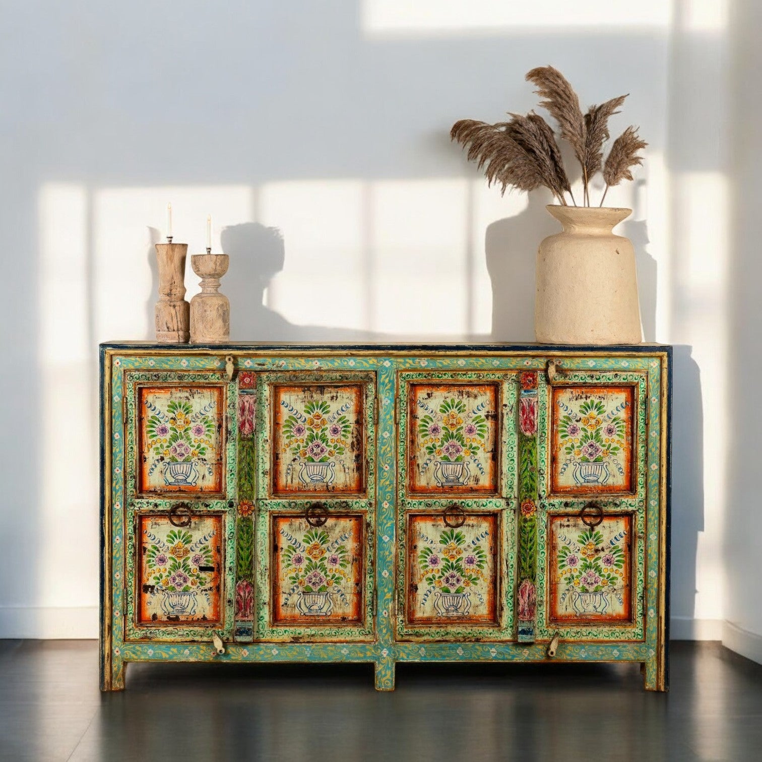 Floral Solid Wood Sideboard with Turquoise Distressed Finish - DOBRI ARTS AU