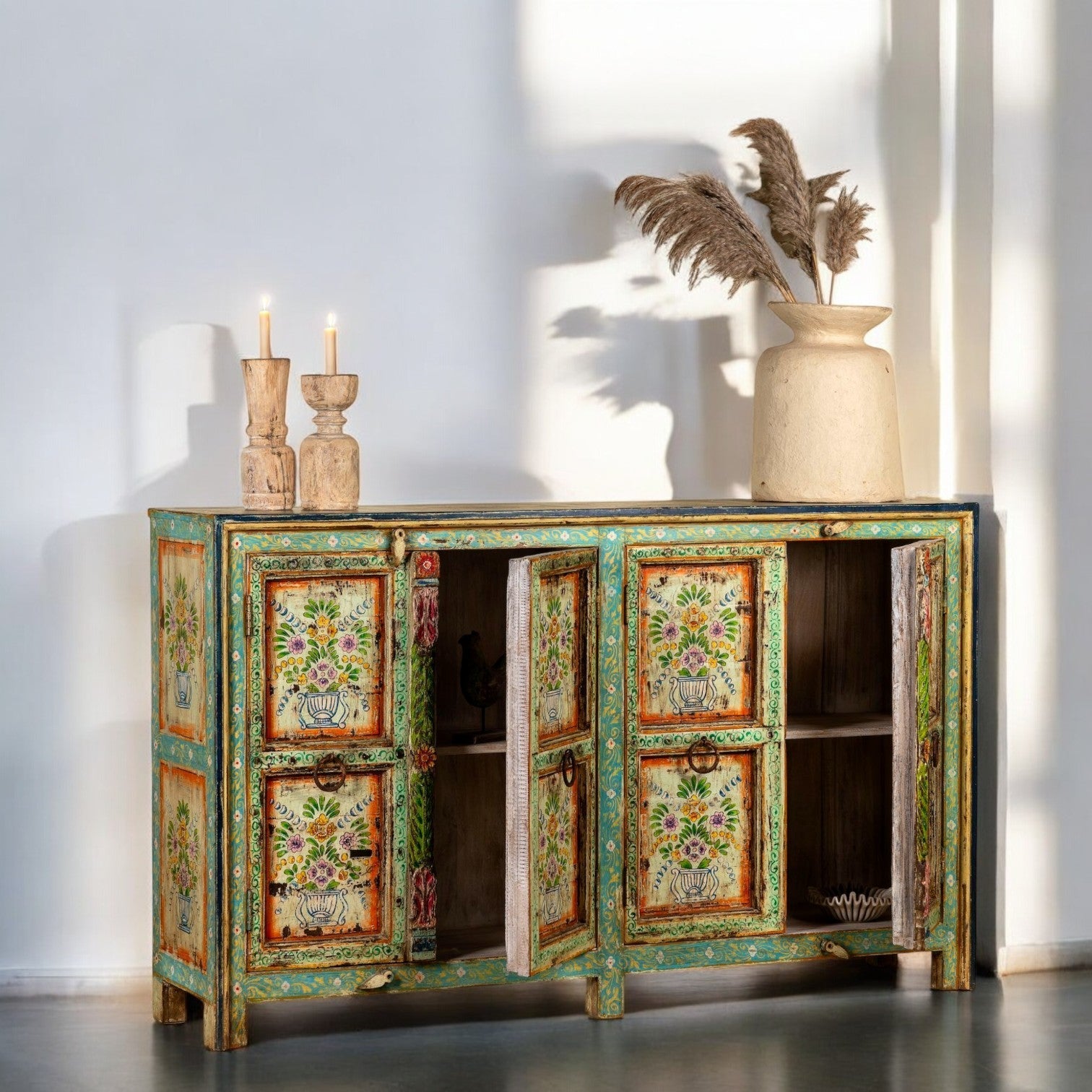 Floral Solid Wood Sideboard with Turquoise Distressed Finish - DOBRI ARTS AU