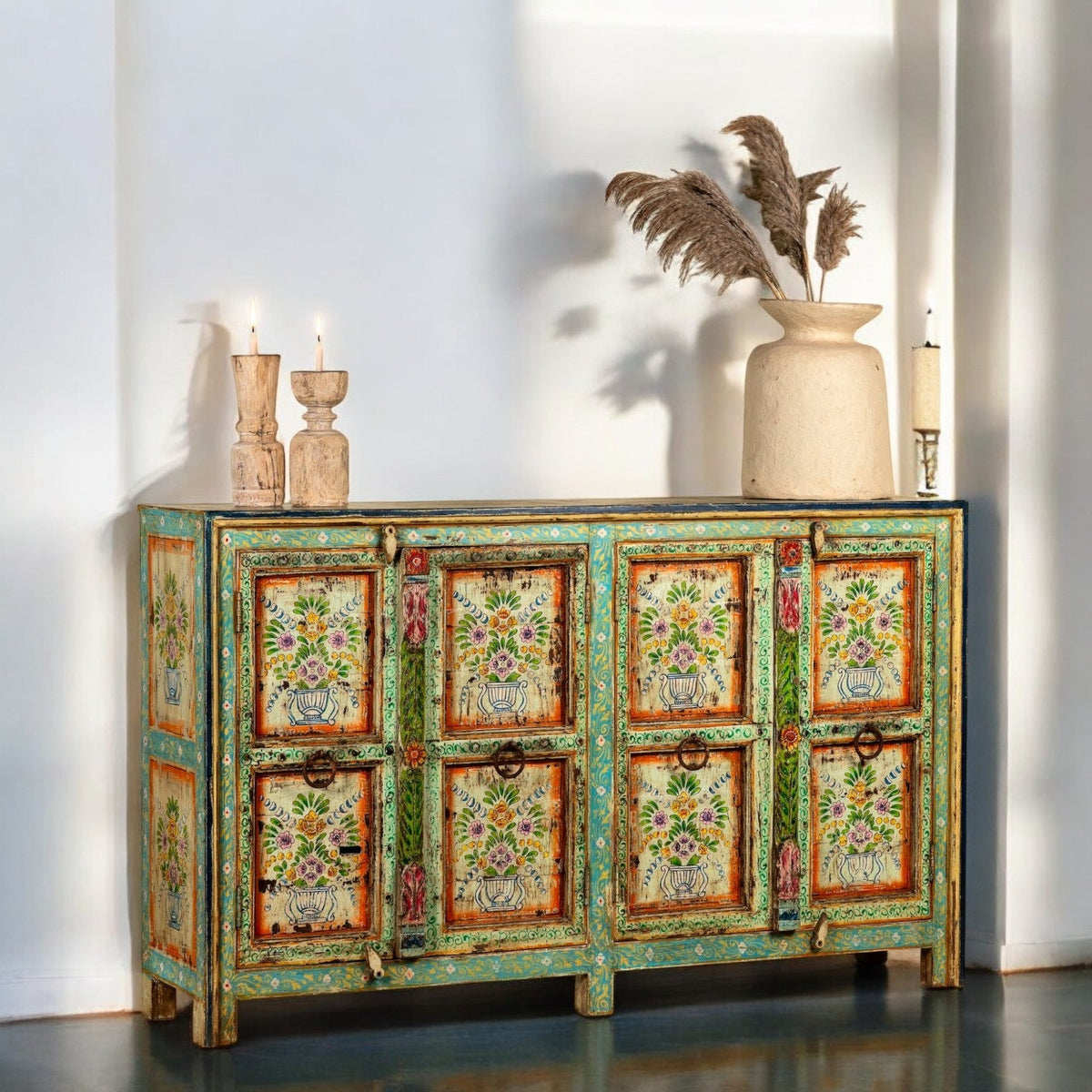Floral Solid Wood Sideboard with Turquoise Distressed Finish - DOBRI ARTS AU