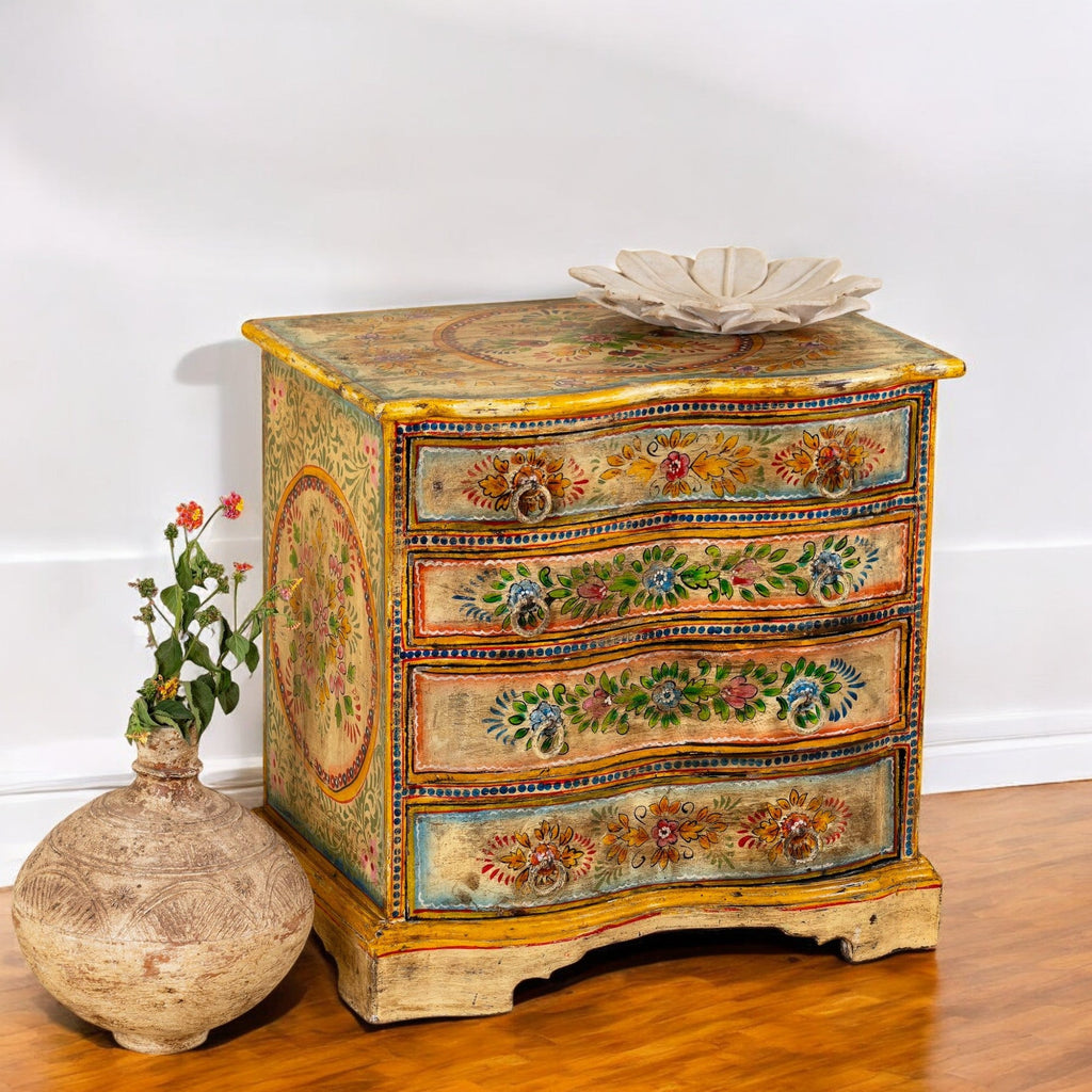 Floral Wooden Bedside Chest with Four Drawers - DOBRI ARTS AU