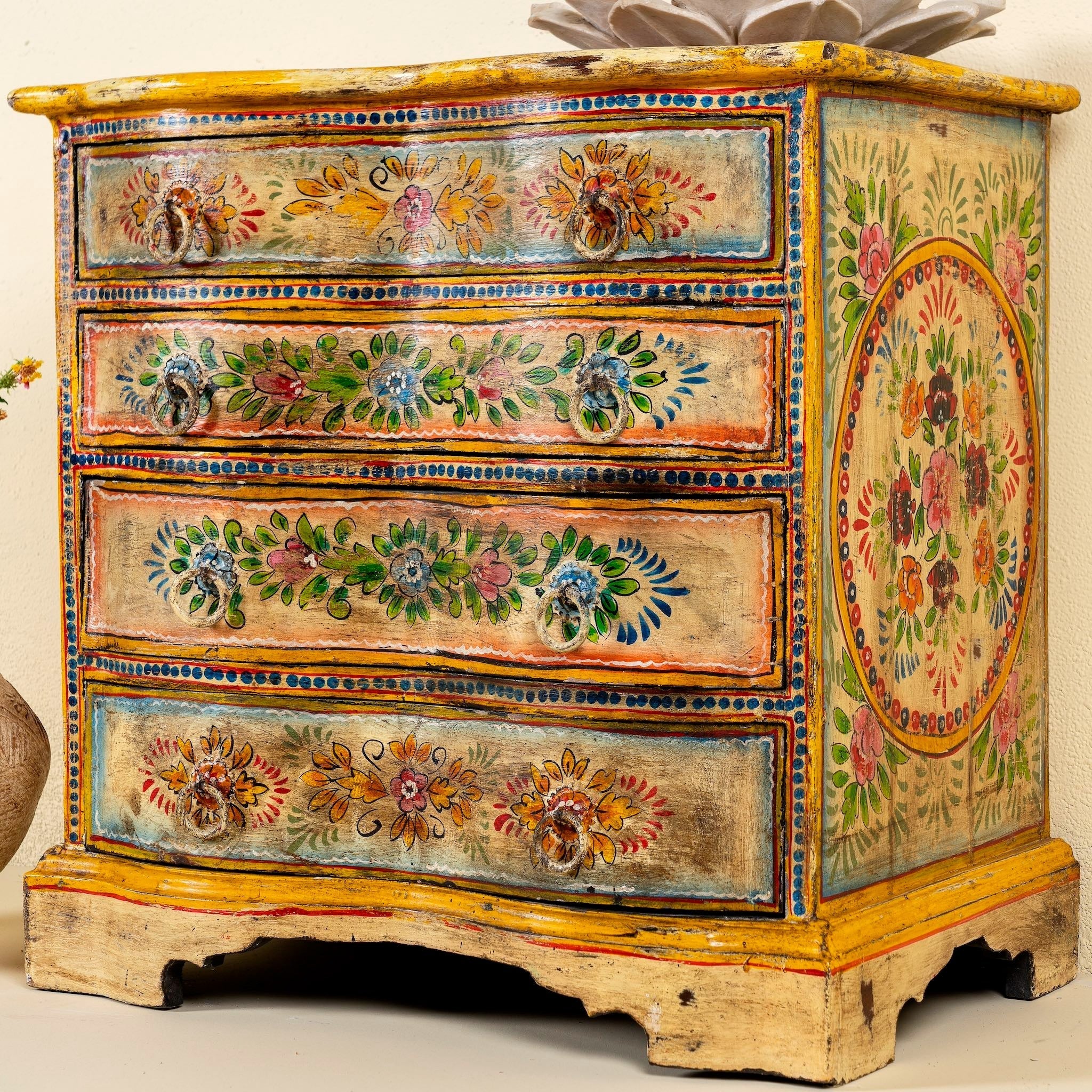 Floral Wooden Bedside Chest with Four Drawers - DOBRI ARTS AU