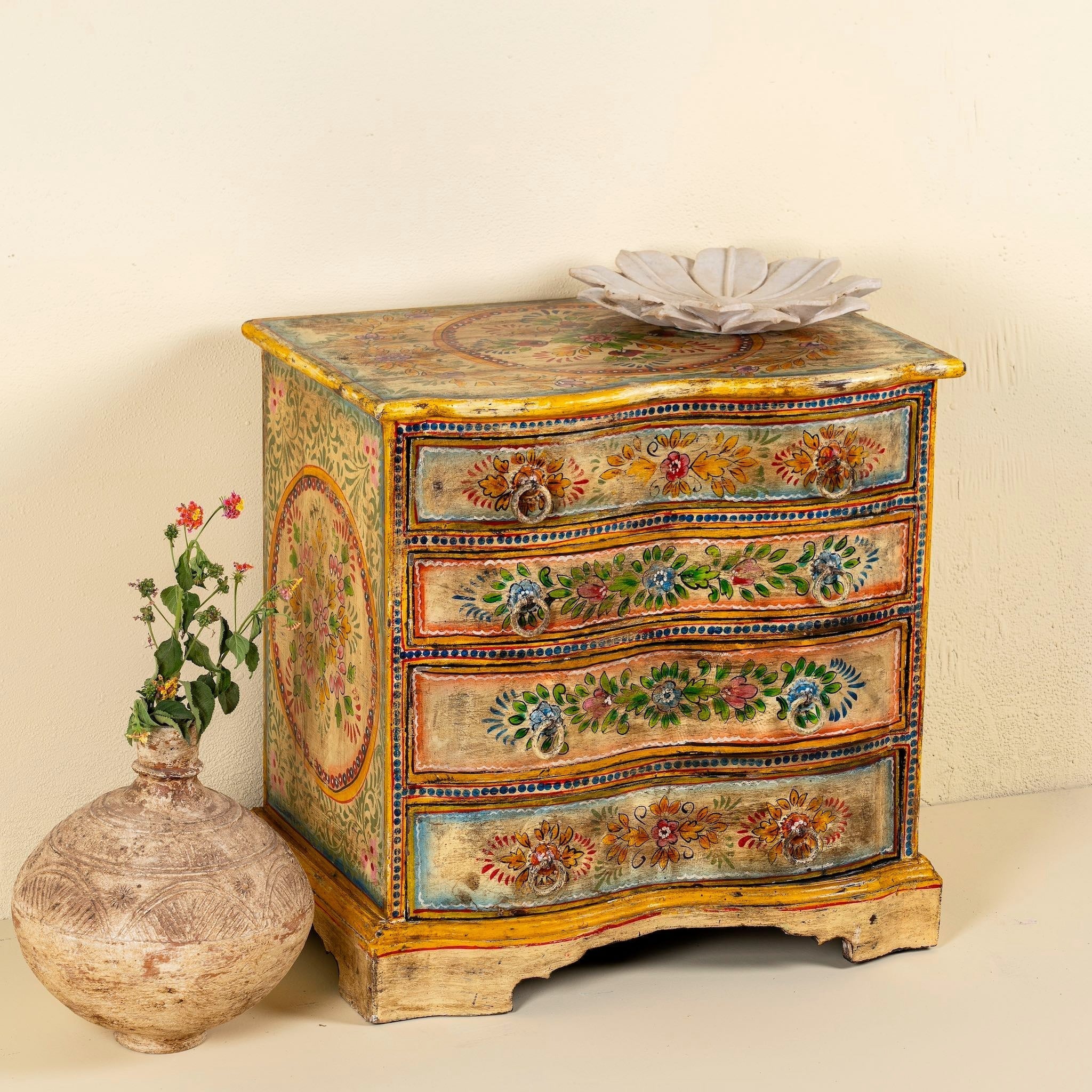 Floral Wooden Bedside Chest with Four Drawers - DOBRI ARTS AU