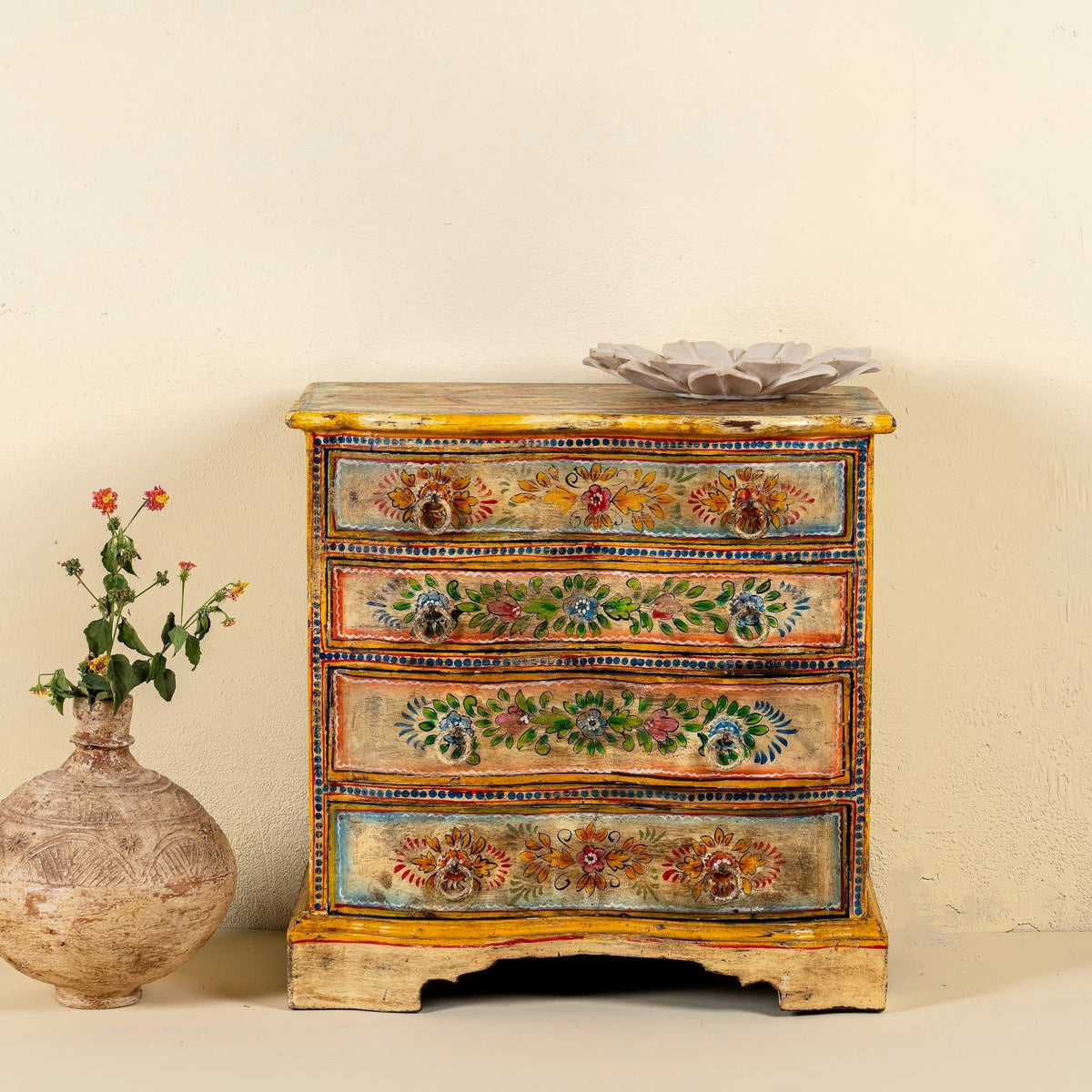 Floral Wooden Bedside Chest with Four Drawers - DOBRI ARTS AU