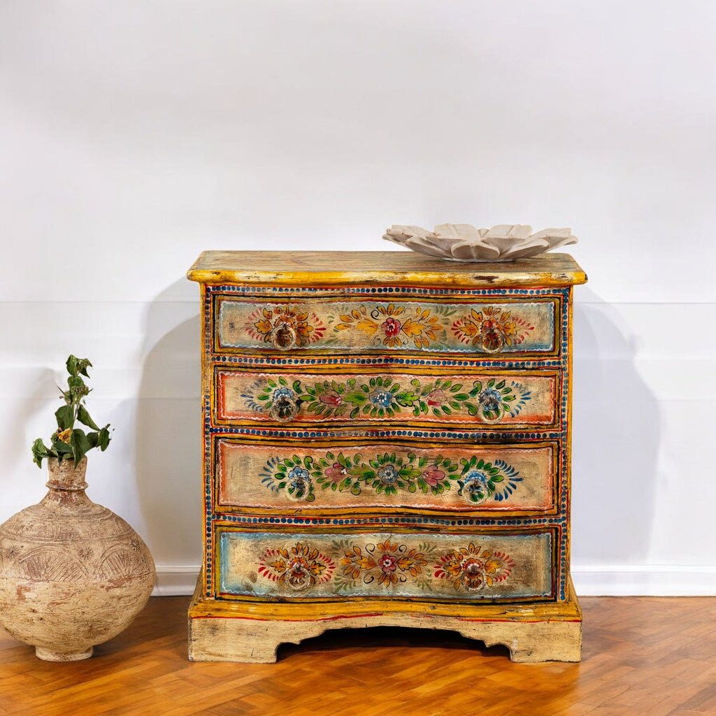 Floral Wooden Bedside Chest with Four Drawers - DOBRI ARTS AU