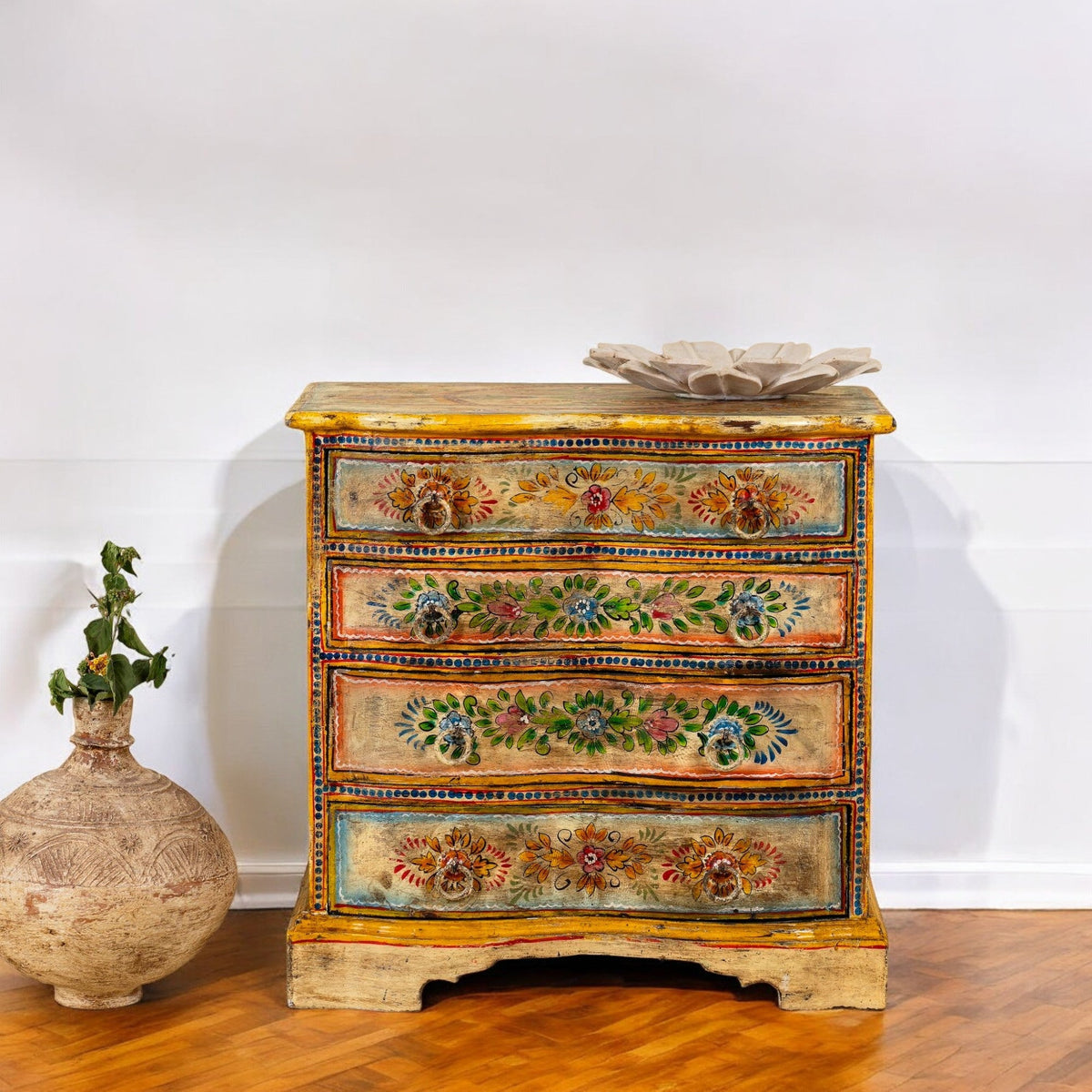 Floral Wooden Bedside Chest with Four Drawers - DOBRI ARTS AU