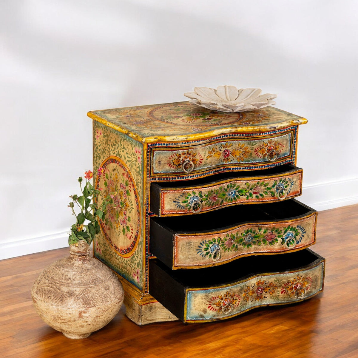 Floral Wooden Bedside Chest with Four Drawers - DOBRI ARTS AU