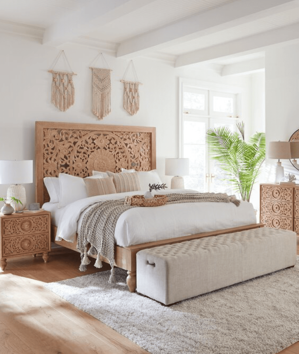 Florence Hand Carved Mango Wood Bed – Ornate Floral Panel Headboard Solid Wood Bed Frame - DOBRI ARTS AU