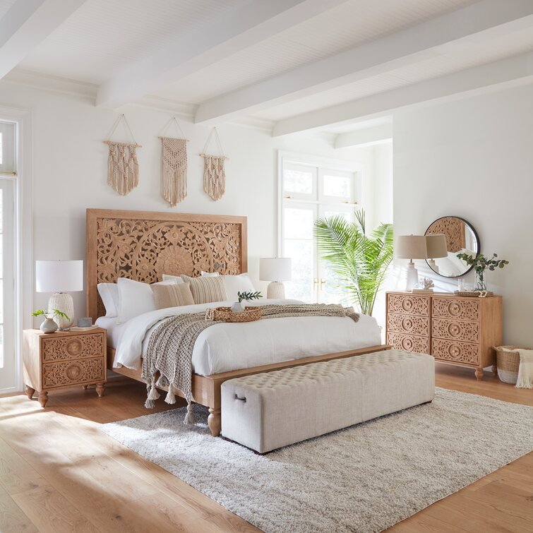 Florence Hand Carved Mango Wood Bed – Ornate Floral Panel Headboard Solid Wood Bed Frame - DOBRI ARTS AU