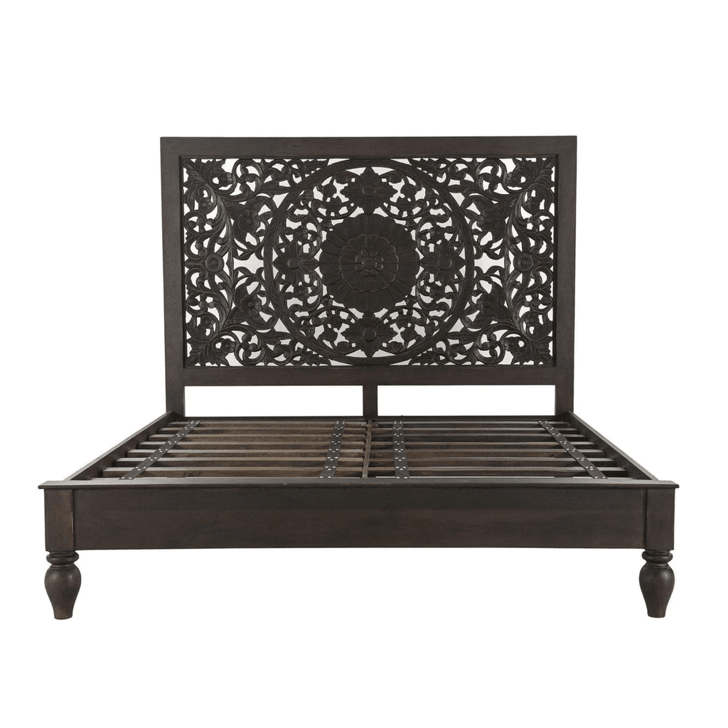 Florence Hand Carved Mango Wood Bed – Ornate Floral Panel Headboard Solid Wood Bed Frame - DOBRI ARTS AU