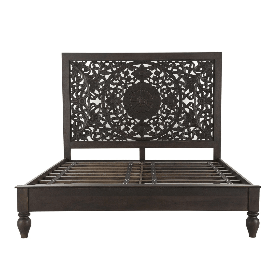 Florence Hand Carved Mango Wood Bed – Ornate Floral Panel Headboard Solid Wood Bed Frame - DOBRI ARTS AU