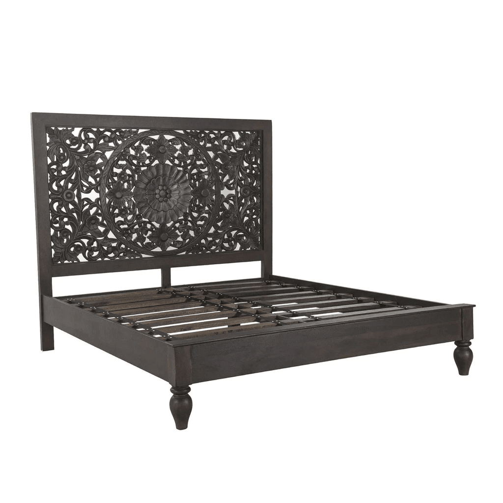 Florence Hand Carved Mango Wood Bed – Ornate Floral Panel Headboard Solid Wood Bed Frame - DOBRI ARTS AU