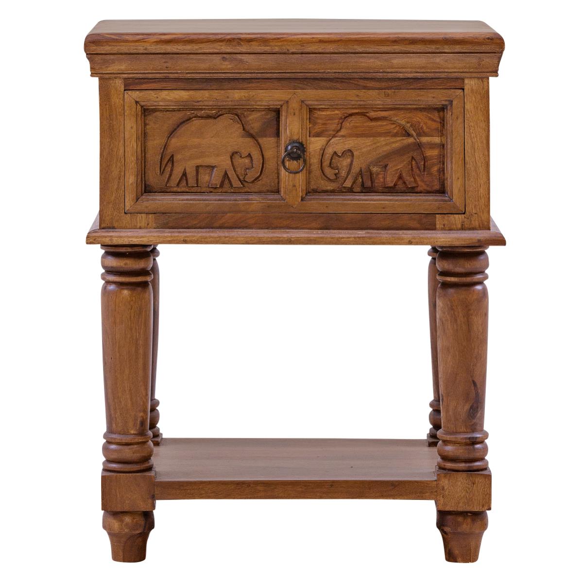 Gajraj Carved Sheesham Wood End Table & Bedside Table – Elephant Motif Nightstand, 2-Door Storage Cabinet & Solid Wood Accent Furniture - DOBRI ARTS AU