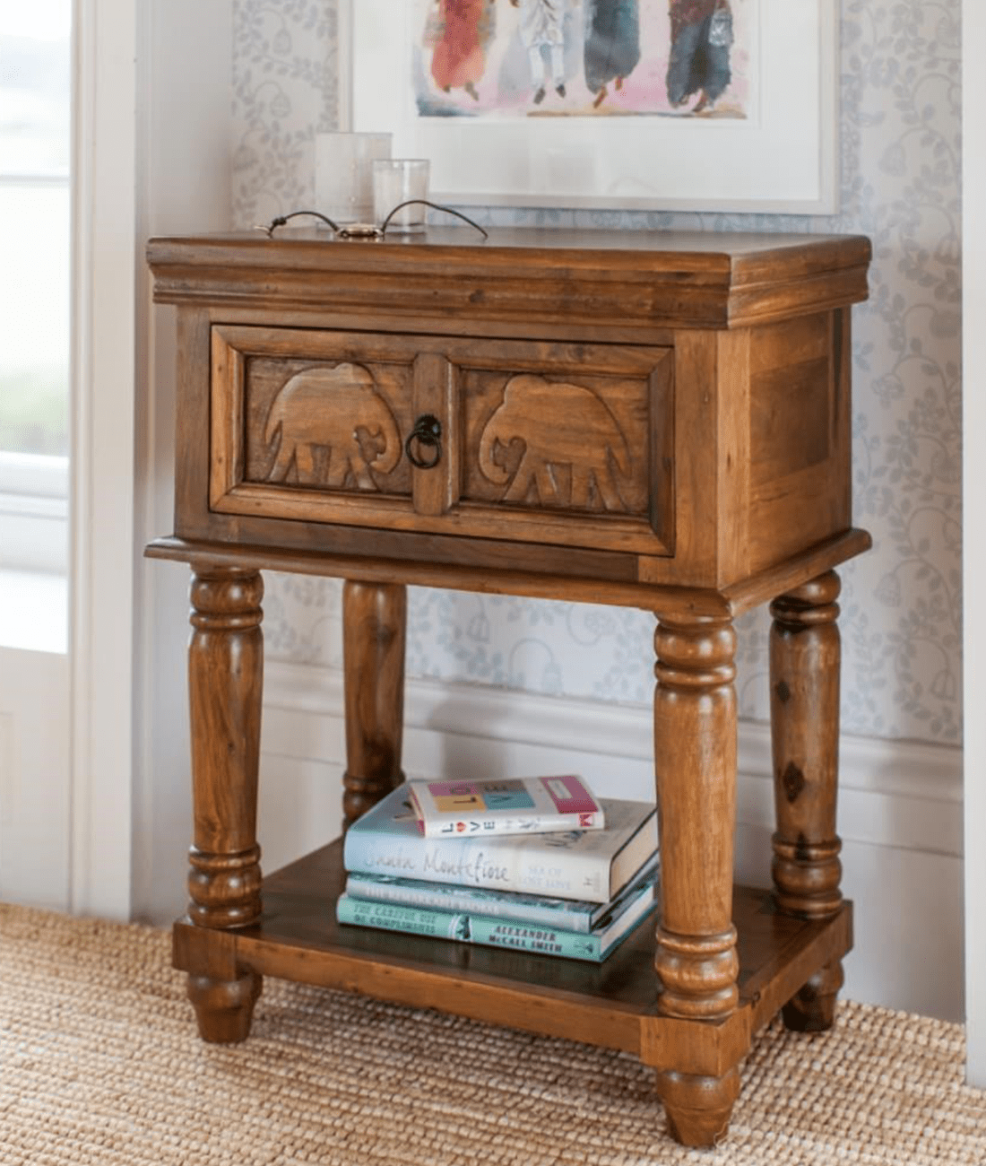 Gajraj Carved Sheesham Wood End Table & Bedside Table – Elephant Motif Nightstand, 2-Door Storage Cabinet & Solid Wood Accent Furniture - DOBRI ARTS AU