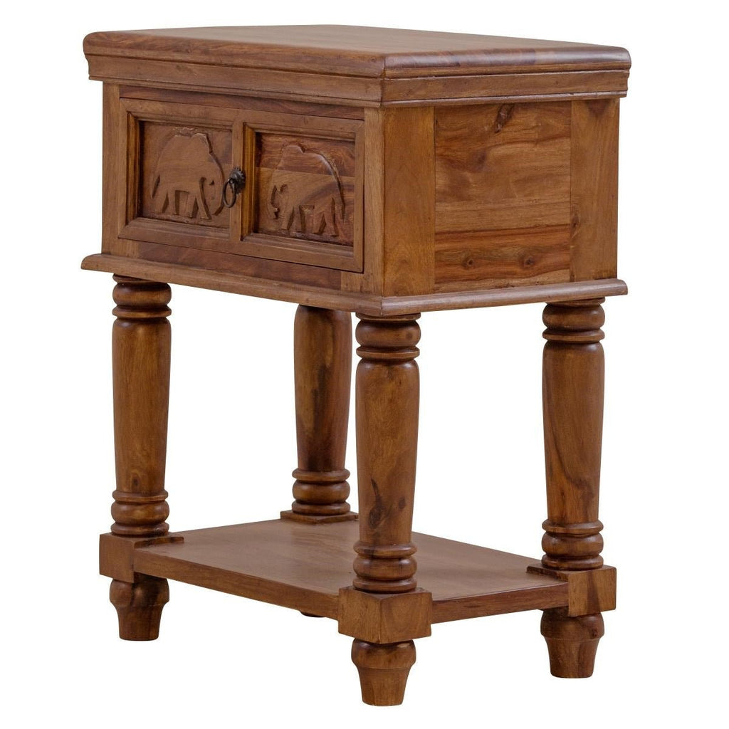Gajraj Carved Sheesham Wood End Table & Bedside Table – Elephant Motif Nightstand, 2-Door Storage Cabinet & Solid Wood Accent Furniture - DOBRI ARTS AU