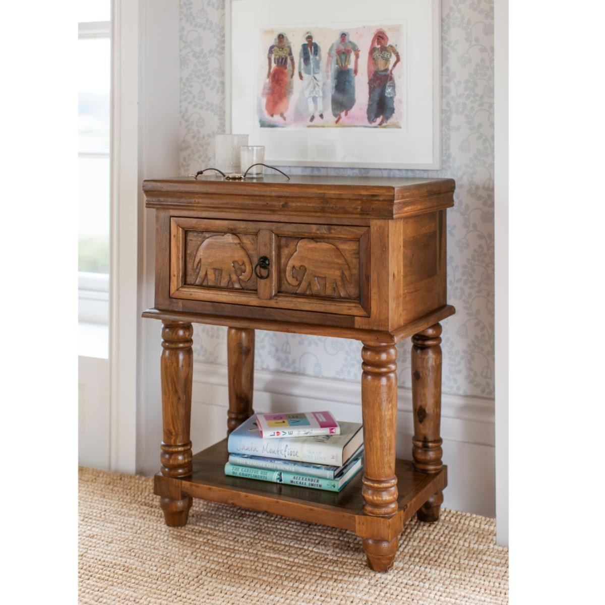 Gajraj Carved Sheesham Wood End Table & Bedside Table – Elephant Motif Nightstand, 2-Door Storage Cabinet & Solid Wood Accent Furniture - DOBRI ARTS AU