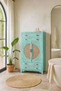 Ganga Turquoise Mango Wood Rattan Door Cabinet - DOBRI ARTS AU