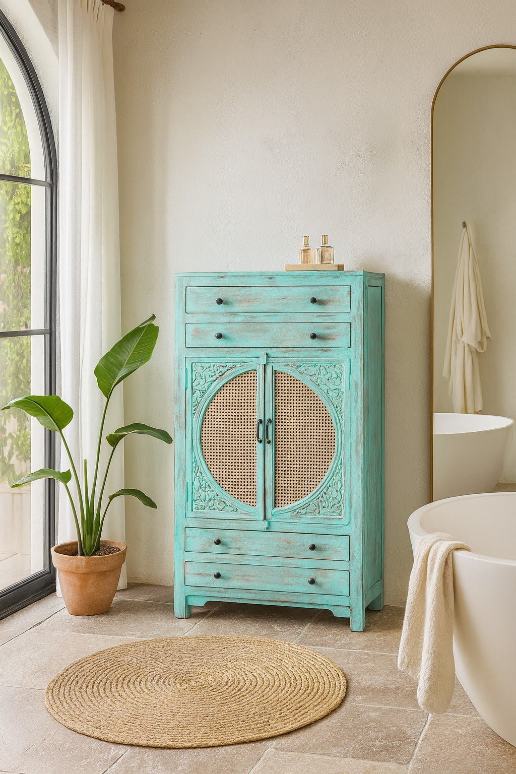 Ganga Turquoise Mango Wood Rattan Door Cabinet - DOBRI ARTS AU