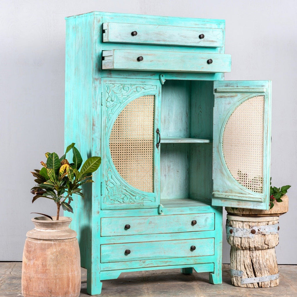 Ganga Turquoise Mango Wood Rattan Door Cabinet - DOBRI ARTS AU