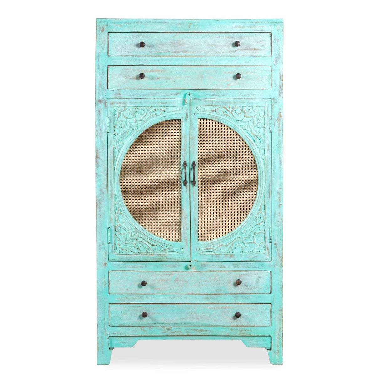Ganga Turquoise Mango Wood Rattan Door Cabinet - DOBRI ARTS AU