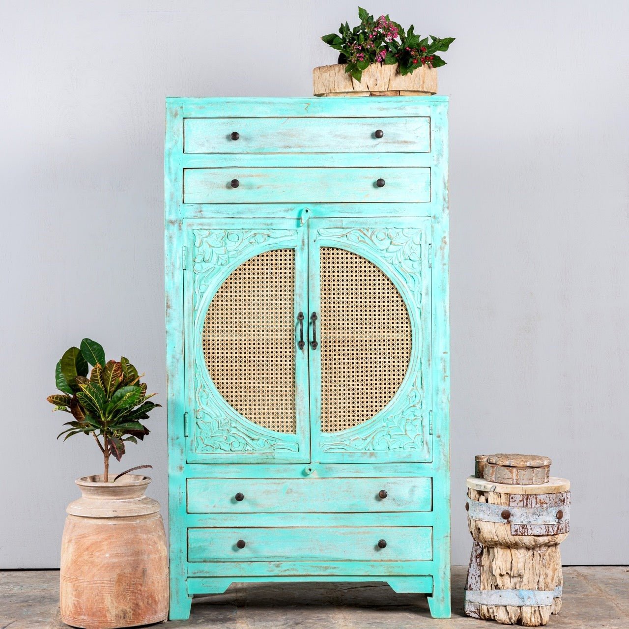 Ganga Turquoise Mango Wood Rattan Door Cabinet - DOBRI ARTS AU