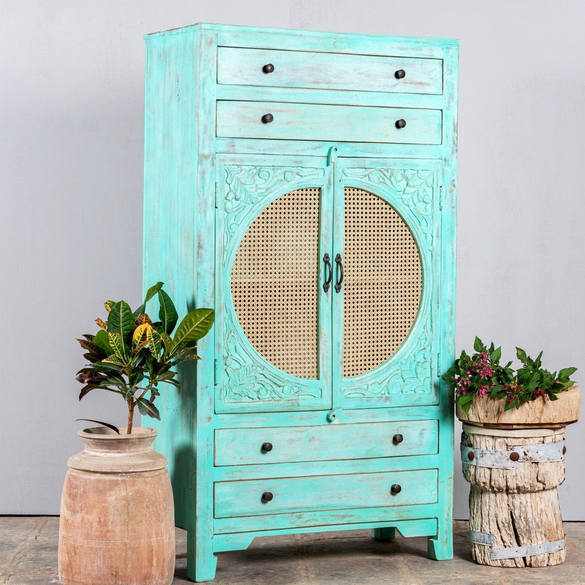 Ganga Turquoise Mango Wood Rattan Door Cabinet - DOBRI ARTS AU